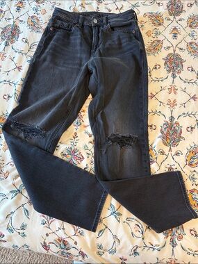 American Eagle Outfitters Black Straight-Leg Strigid Distressed Jeans